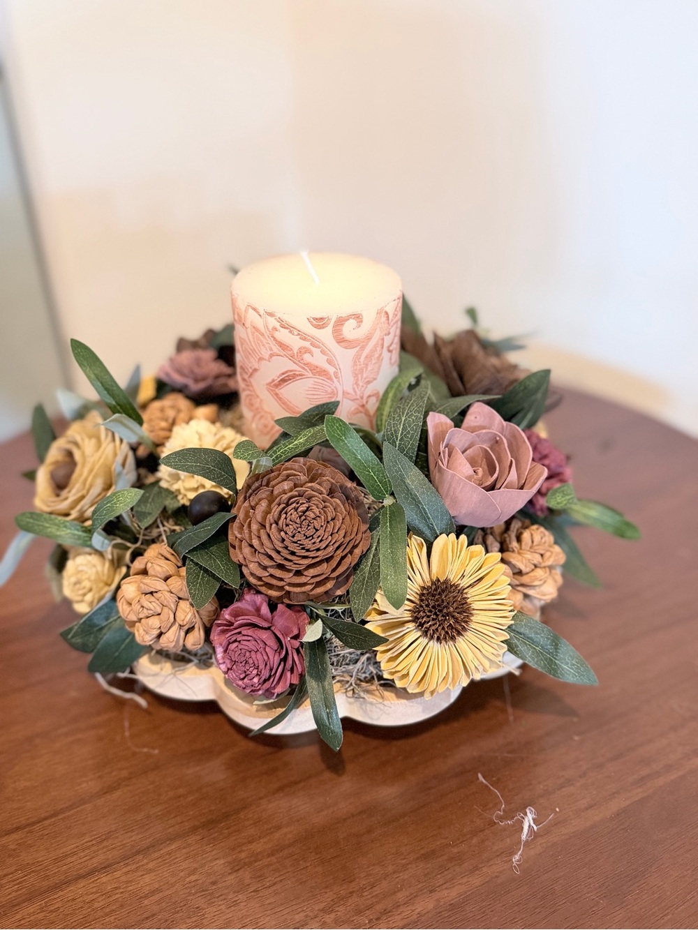Neutral Floral Candle Centerpiece with Burnt Orange Accent Candle